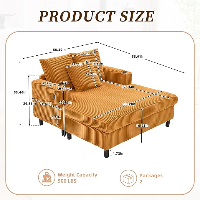 SLEERWAY Modern Corduroy Chaise Lounge Sofa Indoor- 55.9 Comfy Oversized Couch Bed with USB Ports Cup Holder Side Pocket Lights 3 Throw Pillows Lazy Recliner Chairs Living Room (Yellow)