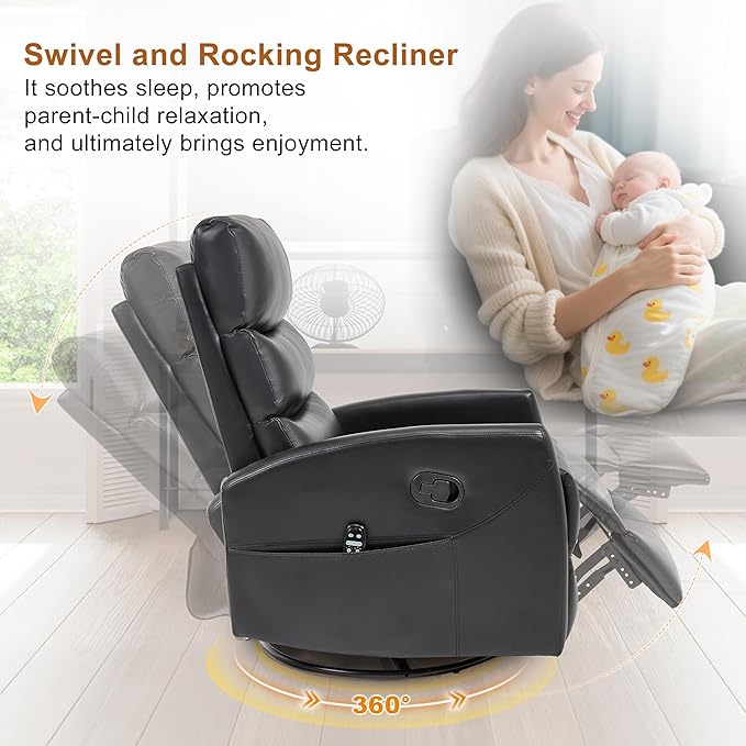 Manual Swivel Rocker Recliner Chair for Adults Overstuffed Reclining Glider Chair for Nursing with Vibration Massage &amp Heat Living Room Rocking Recliner 3-Stage backrest Faux Leather Black