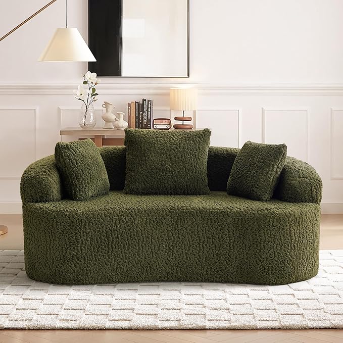 Curved Couch Loveseat Sofa Luxury Deep Seat Loveseat Sofa Couch for Small Place Modern Cloud Couch Floor Couch with 3 Pillows for Living Room &amp Bedroom No Assembly Required (Green)