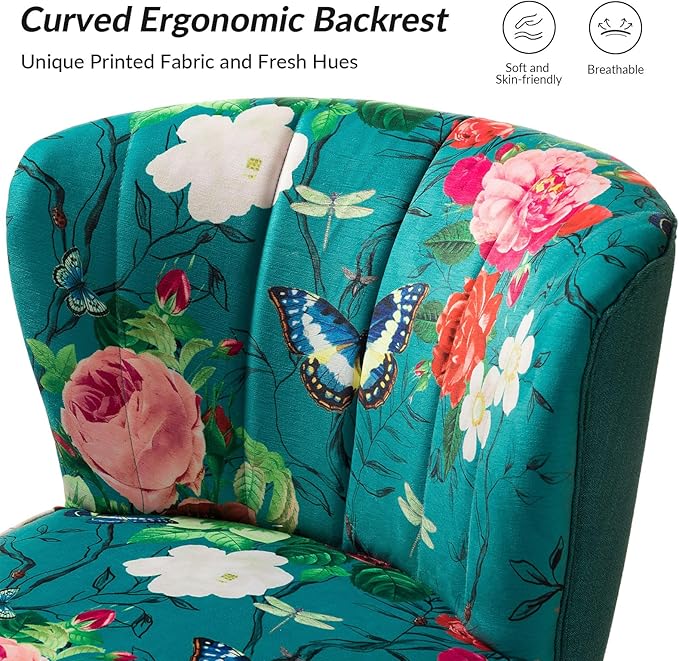 HULALA HOME Accent Chair with Golden Metal Legs Comfy Tufted Wingback Living Room Chair Floral Fabric Small Armless Side Chair Upholstered Slipper Chair for Bedroom Reading Room Flower Print