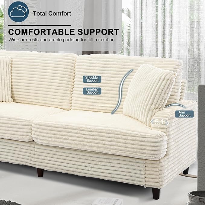 80 Inch Sofa Couch Comfy Love Seat Couches for Living Room Mid Century Modern Oversized Two Seater Couch Plush Corduroy Deep Seat Sofas for Bedroom Small Space Apartment Beige