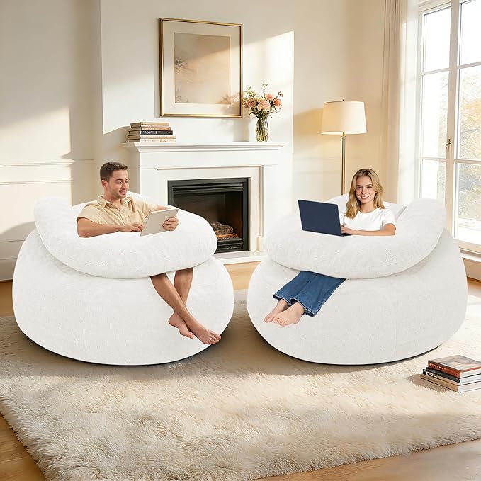 HABUTWAY Giant Bean Bag Chair Oversized Beanbag Chair with Filler Ultra Soft Teddy Fleece Bean Bag Lounge Floor Sofa w/U-Shaped Pillow for Gaming Reading Beige &amp Beige