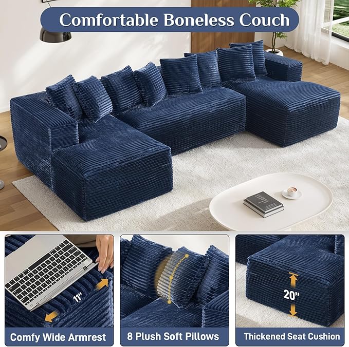 131 Oversized U Shaped Cloud Sectional Couches for Living Room Comfy Fluffy Corduroy Blue Boneless Sectionals Couch Plush Memory Foam Modular Sectional Sofa with Double Chaise- 20 High Seat