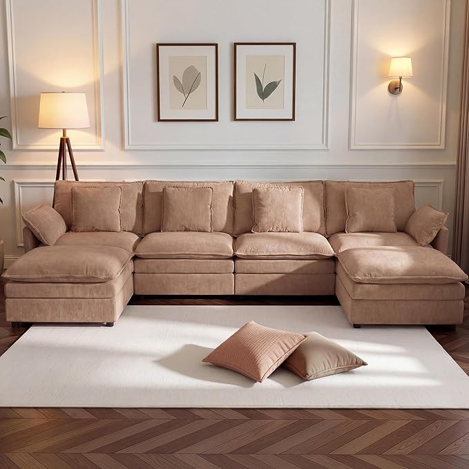 148 U-Shaped Modular Sectional Couch Modern Cloud Couch with Ottoman 6-Seat Chenille Sofa with Pillows Deep Seat Comfy Couch for Living Room Bedroom Khaki