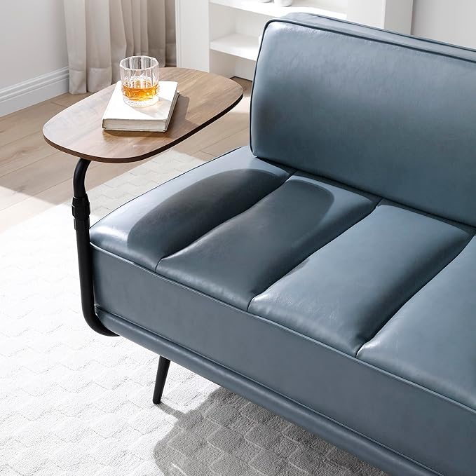 Modern Upholstered End of Bed Bench with 360-Degree Swivel Tray 2 Seater Sofa Couch with Side Table Settee Bench with Metal Legs Backrest for Living RoomEntrywayFoyer (PU-With Tray Grayish Blue)