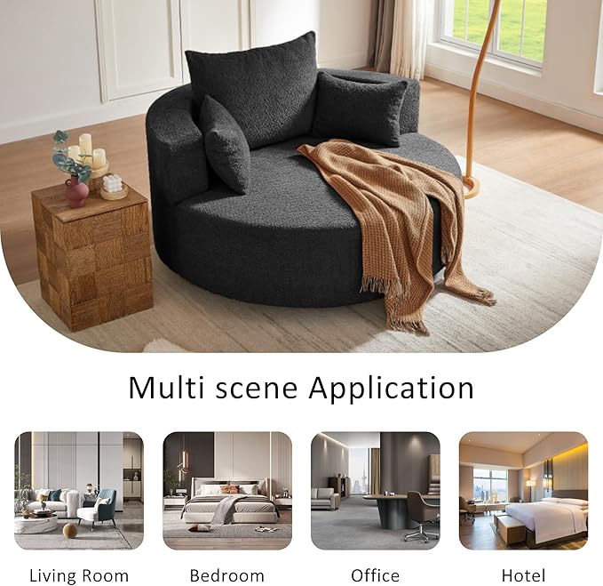 360° Swivel Chair Accent Chair with 3 Removable Pillows Modern Chenille Fabric Barrel Chair Swivel Round Sofa Chair for Living Room Bedroom Office and Hotel