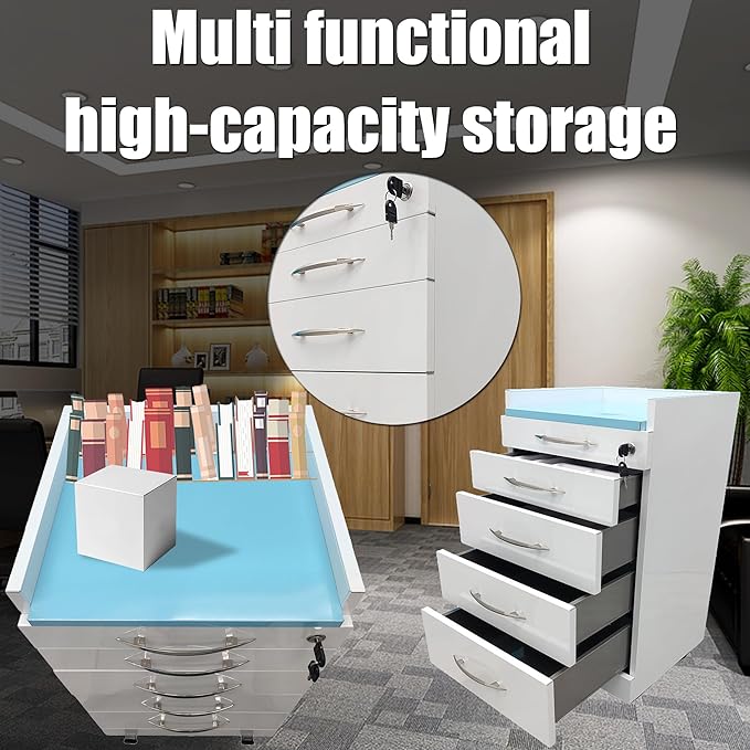 Storage Cabinet Office Mobile File Cabinet 4 Drawers Utility Mobile Lockable Cabinet Stainless Steel Moving Side Cabinet Portable Storage Device with Brake Wheels and 2 Divider Brackets