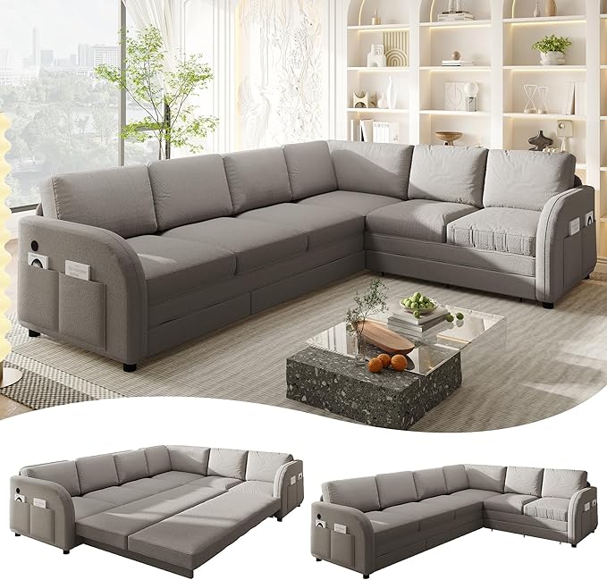 GNIXUU 115.2 L Shaped Couch with Pull Out Bed Convertible Sectional Sleeper Sofa with USB Port &amp Side Pockets 6 Seat Oversized Modular Teddy Cloud Couches for Living Room Apartment Light Gray