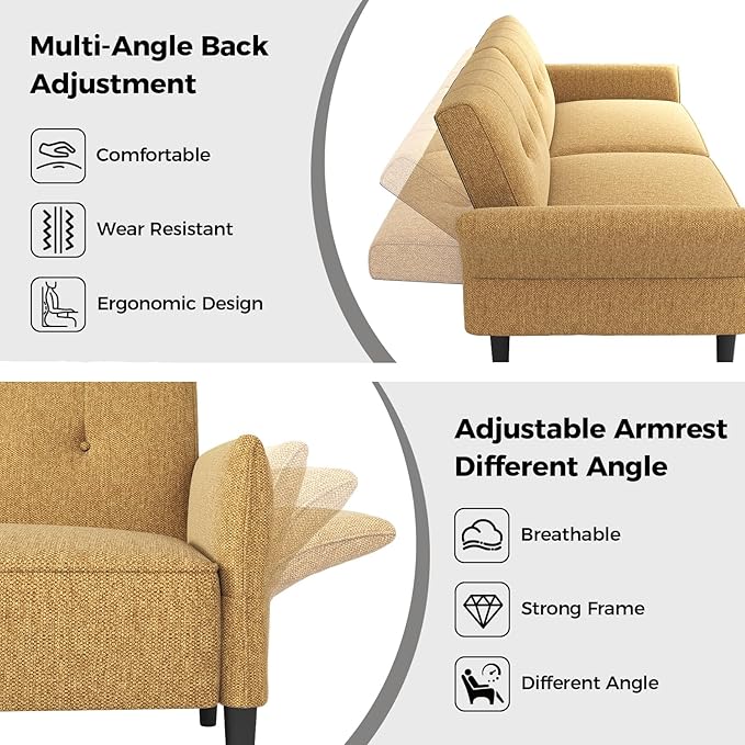 89” Futon Sofa BedComfy Futon Couch Bed with 2 Square PillowsConvertible Sleeper Sofa with Adjustable Backrest&amp Armrests Modern Loveseat Sleeper for Living Room Bedroom Linen Yellow