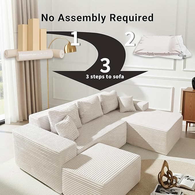 110 Boneless Couch Cloud Couch Sectional U-Shape Corduroy Modular Sectional Sofa Deep Seat Upholstered Couches for Living Room No Assembly Required Black