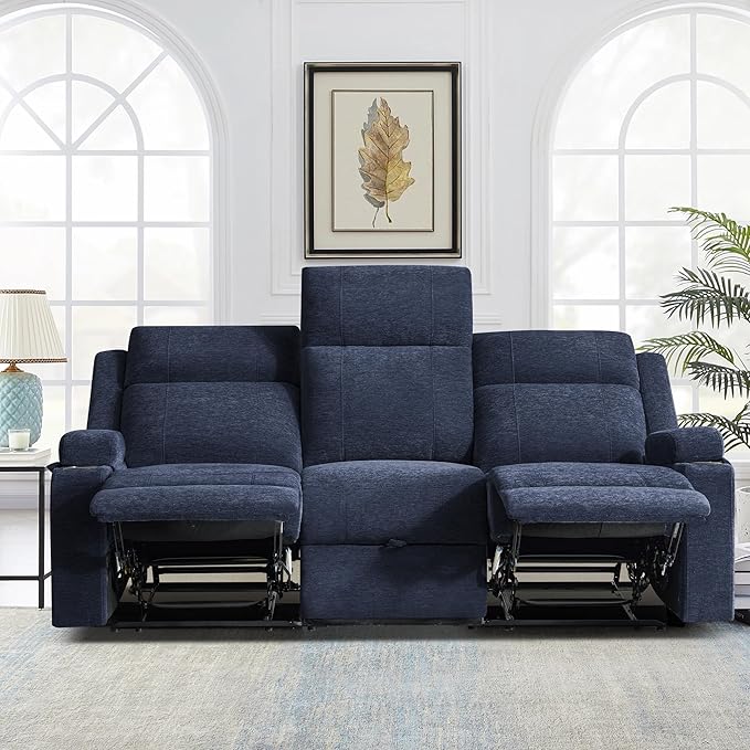 Large Manual Reclining Sofa 3-Seater Chenille Recliner Couch with Cup Holders Wide Seat Easy Assembly &amp Spill-Resistant Fabric Cozy Reclining Sofa for Living Room Apartment RV Blue