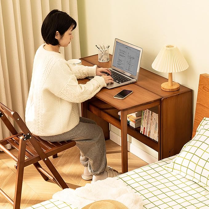 Bamboo Fold Out Desk with Storage Mid Century Hideaway Desk for Small Spaces Folding Computer Desk for Home Office Bedroom Apartment Space Saving (Light Walnut)