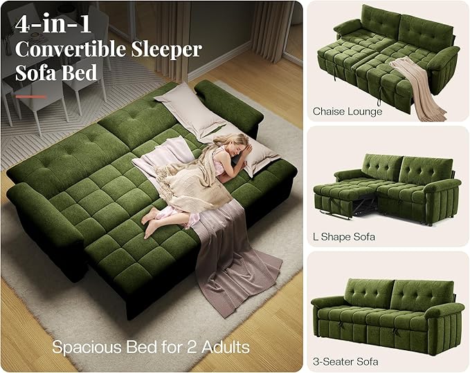 Jocisland 93” 4-in-1 Convertible Sofa Bed Cloud Sleeper Sofa Tufted Chenille 5-Position Adjustable Backrest 10-Minute Tool-Free Assembly Couches for Living Room Guest Room Green