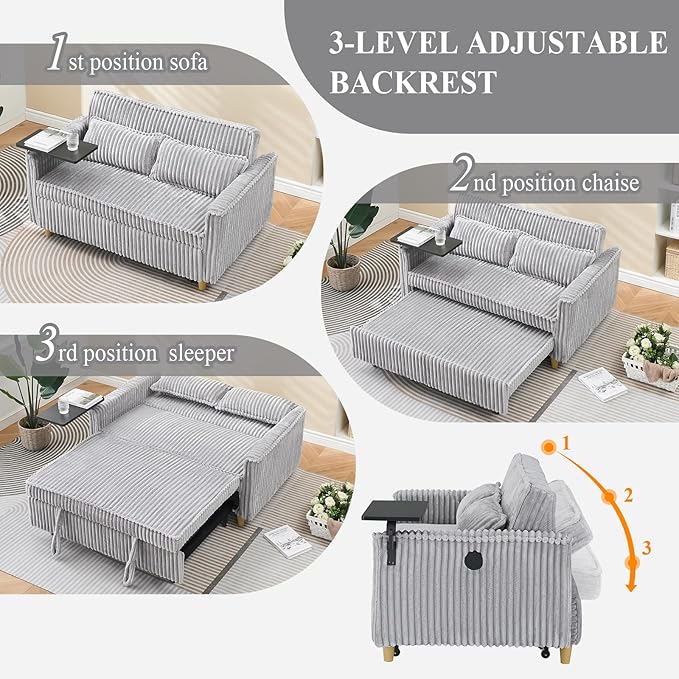 3 in 1 Pull Out CouchCorduroy Upholstered Convertible Sleeper Sofa Bed with Movable Side Table Modern Multifunctional Sofa with USB Port Cushioned Couch for Living Room (Gray)