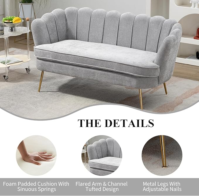 59 Wide Loveseat Sofa Chenille Upholstered Small Couch with Petal-Shaped Design Modern Leisure Sofa with Gold Metal Legs Mini Room Couch for Bedroom Apartment (Light Gray-Chenille)