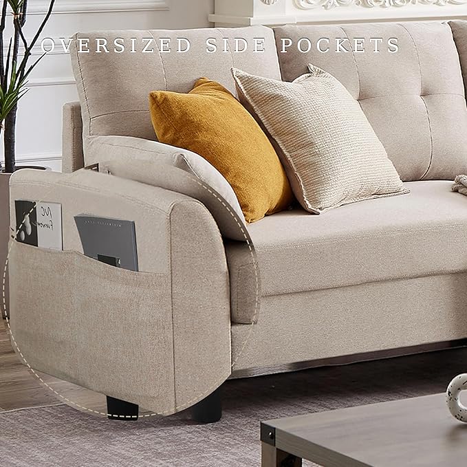 Convertible Sectional Sofa Modern L Shaped CouchLinen Fabric 4-Seat Sofa Set with Storage Ottoman and Coffee Table for Living RoomBeige