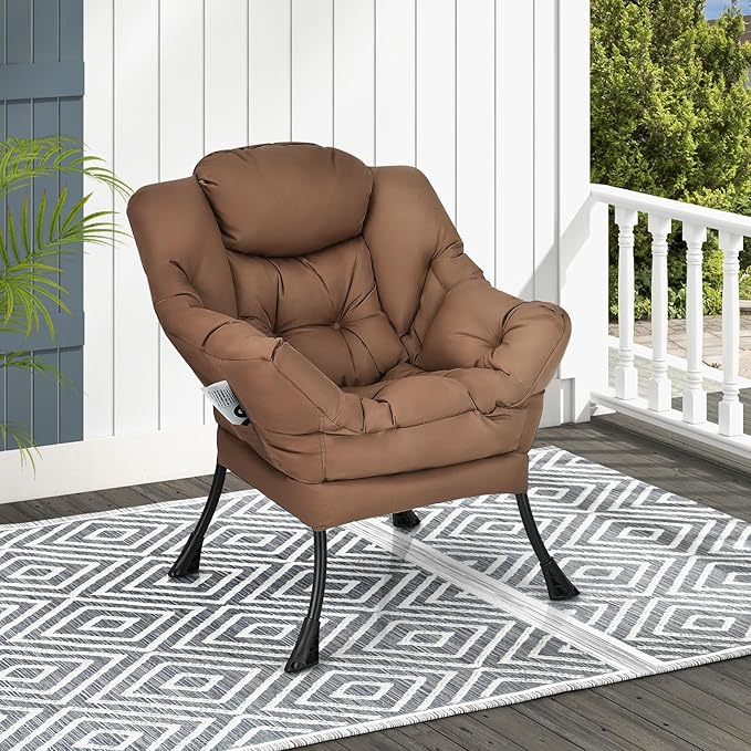 GORELAX Modern Lazy ChairUpholstered Lounge Accent Chair Single Leisure Sofa Chair with Armrests &amp Side Pocket Comfy Reading Chair for Bedroom Living Room Dorm Room (Brown)