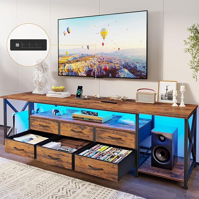 BTHFST TV Stand with LED Lights &amp Power Outlets for TVs up to 85 Inches 6 Drawers Entertainment Center with Open Storage Shelves 71 TV Media Console Table for Living Room Bedroom Rustic Brow