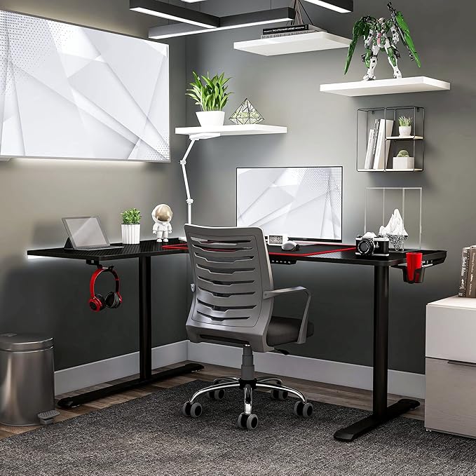 Homes: Inside + Out Kindira Modern Steel Gaming Desk with USB Ports PC Mouse Pad and Rotatable Cup-Holder for Home Office Classroom Study Room Black L-Shape
