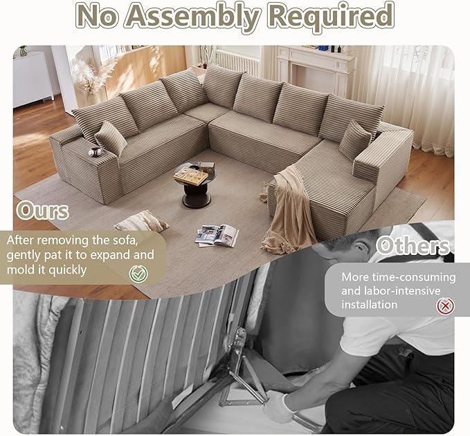 Sectional Cloud Couch with L-Shape Chaise Modern Modular Comfy Sofa with Deep Seat Upholstered Corduroy Couches Stupendous U Shaped Sofas for Living Room Bedroom No Assembly Required Camel