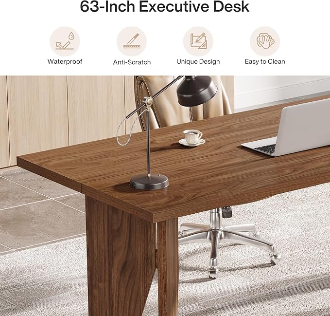 Tribesigns 63-Inch Executive Desk Mid-Century Modern Office Desk with Sturdy Legs Large Wooden Computer Desk Business Workstation for Home Office Brown