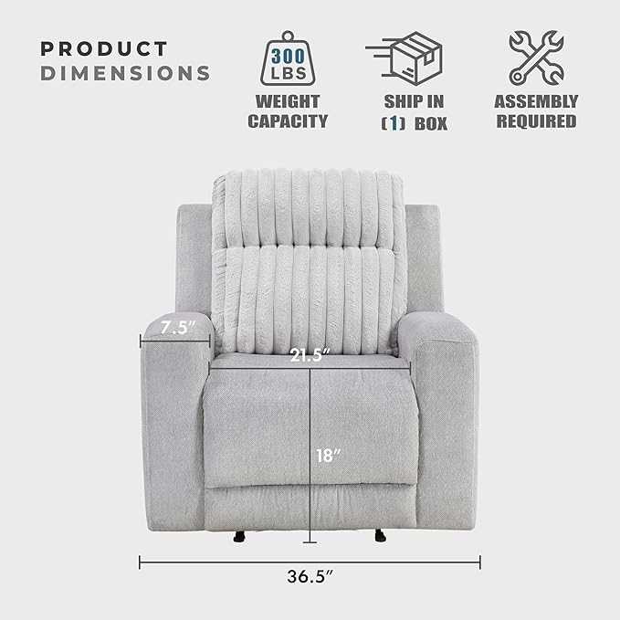Lexicon Modern Recliner Chair for Living Room Manual Wall Hugger Textured Microfiber Reclining Chair Plush Corduroy Channel Seat Back Manual Recliner Light Gray