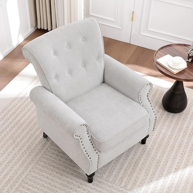 Wingback Accent Chairs Set of 2 for Living Room Comfy Upholstered Armchair with Removable Cushion Reading Chair with Nailhead Trim and Wood Legs Single Chair for Living (Light Grey)