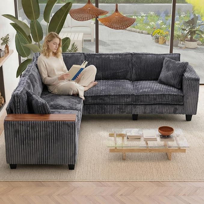 97 Inches Corduroy Couch with 2 Pillows Deep Seat Sectional Sofa Armrests with Two Hidden Storage Space Corner Couch Oversized L Shaped Cloud Couches for Living Room Grey