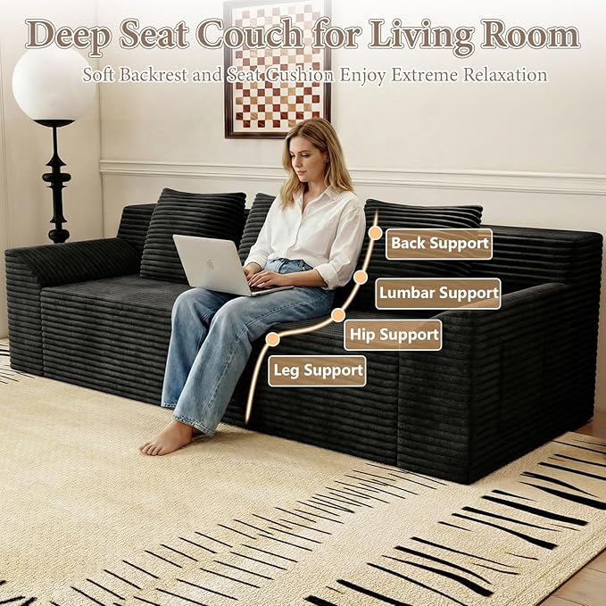 71 Cloud Corduroy Loveseat Couch in a Box Memory Foam Compressed Boneless Sofa with 3 Pillows &amp Side Pockets Couch for Living Room Bedroom Apartment No Assembly Required Black