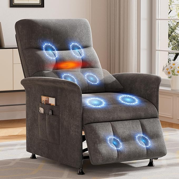 Power Recliner Chair for Adults with Heat &amp Massage - Soft Fabric Electric Reclining Sofa with Remote Control 3 Side Pockets 180° Lay Sleeper for Living Room Home Theater Dark Grey