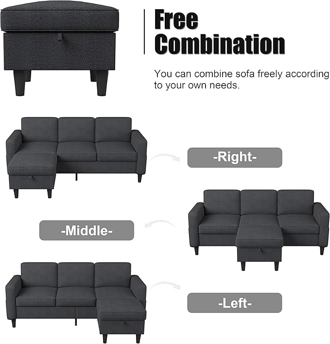 Dark Grey Convertible Sectional Sofa CouchModern Linen Fabric Upholstered L-Shaped Sofa Couch with Armrest Pockets3-Seat Sofa with Reversible Storage Ottoman for Living Room Small Space Apartment