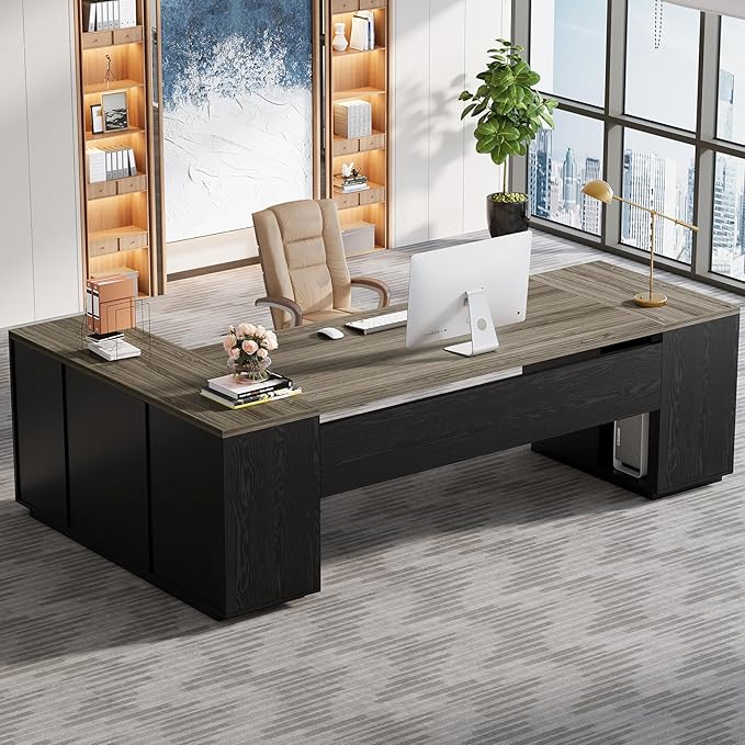 Tribesigns 85.8-Inch L-Shaped Executive Desk with File Drawers Door Cabinet &amp Shelves Extra Large Commercial Office Desk Modern Professional Office Table Business Furniture Grey &amp Black