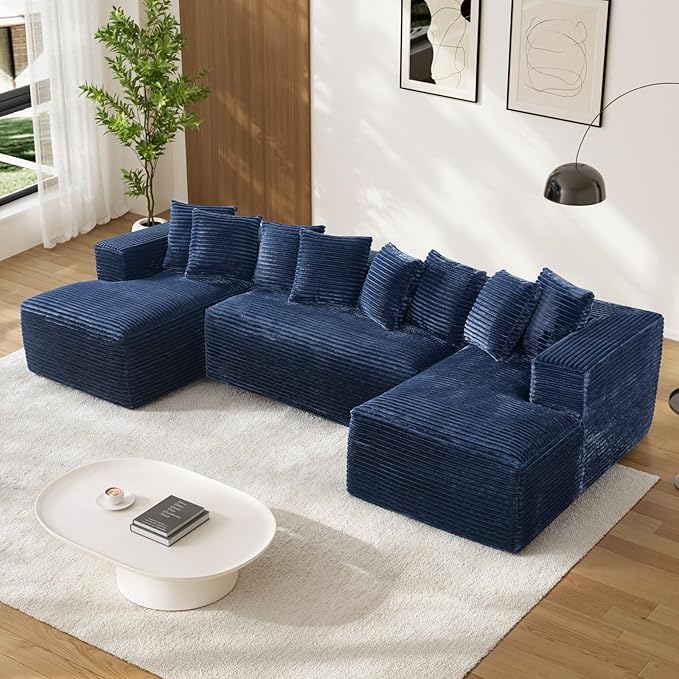 131 Oversized U Shaped Cloud Sectional Couches for Living Room Comfy Fluffy Corduroy Blue Boneless Sectionals Couch Plush Memory Foam Modular Sectional Sofa with Double Chaise- 20 High Seat