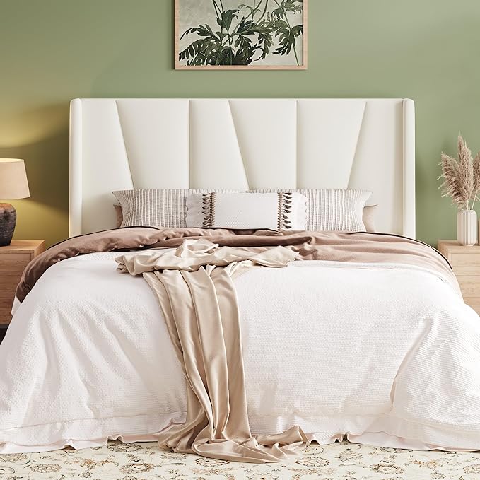 Allewie Full Size Platform Velvet Bed Frame with Geometric Wingback Headboard Boho Upholstered Bed with Wooden Slats Support No Box Spring Needed Easy Assembly Cream