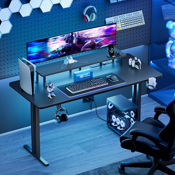 HLDIRECT 63 Inch Gaming Desk with 5 Sockets &amp LED Lights Computer Gamer Desk with Monitor Stand Ergonomic Carbon Fiber Gaming Table Home Office Desk with Cup Holder Headphone Hook &amp Mouse P