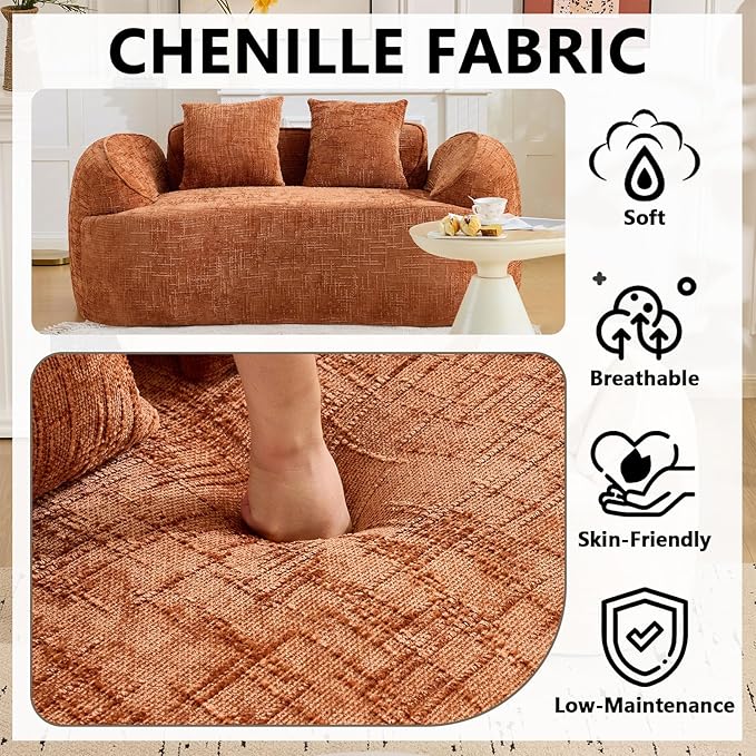 67 Curved Loveseat Sofa with 2 Pillows Modern Boneless Couch in a Box Small Cloud Loveseat for Bedroom Small Space Apartment Living Room Memory Foam Chenille No Assembly (Orange)