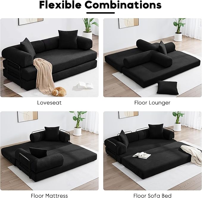 79 Inch Convertible Sleeper Sofa Bed 5 in-1 Boneless Floor Couch Bed with Fixed-Shape Frame Modular Floor Sofa Futon Couch for Living Room RV Studio Bedroom Small Spaces Black