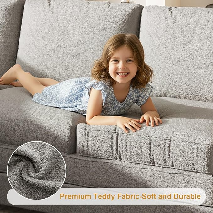 115.2 L Shaped Couch Bed Sectional Couches for Living Room Teddy Fabric Sleeper Sofa Bed with Pull Out Couch Convertible Sectional Couch with Charging Station &amp Side Pocket Light Grey