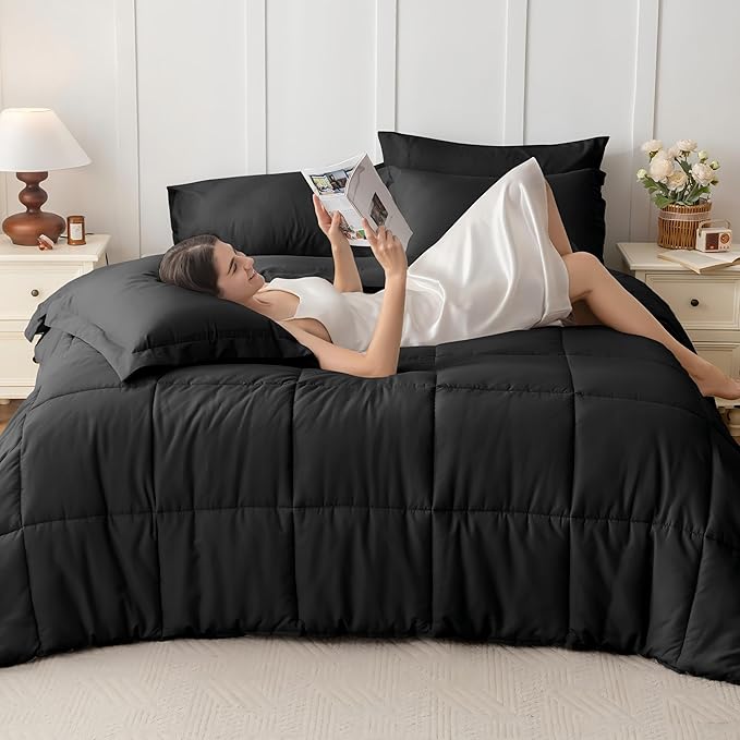 JOLLYVOGUE Oversized King Comforter Set Ultra-Soft Bed in a Bag Oversized King Size 7 Pieces Oeko-TEX Certified Bedding Set with Down Alternative Comforter Sheets Pillowcases &amp Shams Black