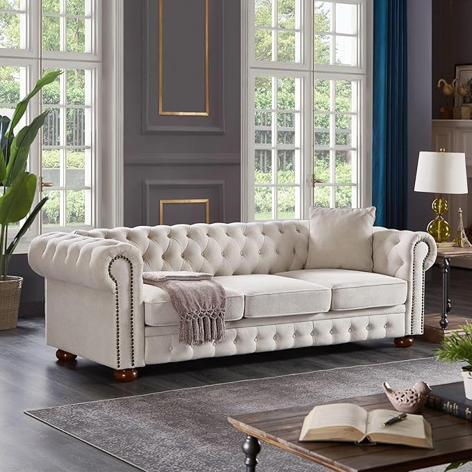 KEVINSPACE 88.5 Modern Sofa Couch for Living Room 3 Seater SectionalSofa Couch Comfy Linen FabricSofa Button Tufted Cushions Rolled Arms Wood Legs Chesterfield Sofa for Small Spaces Beige