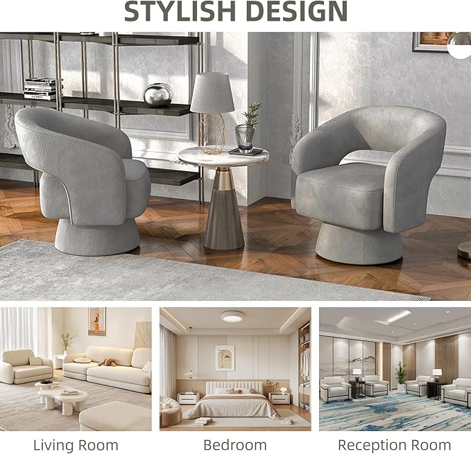 Phoenix Home Modern Swivel Accent Chair Set of 2 Velvet Barrel Chair 360 Degree Swivel Armchair for Living Room Bedroom Office Gray