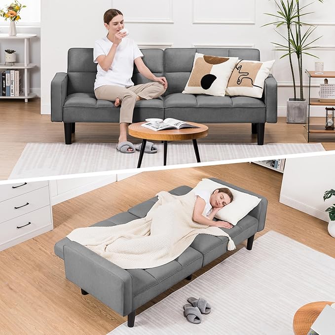 COMHOMA 76 inch Futon Sofa Bed Mid Century Modern Futon Couch with Adjustable Backrest Fabric Convertible Sofa Cama Folding Sleeper Sofa for Living Room Bedroom Dark Gray