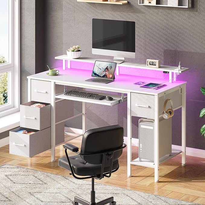 Seventable White Computer Desk with Drawers Gaming Desk with Keyboard Tray Office Desk with LED Lights &amp Power Outlets 47 inch Writing Desk with Monitor Stand for Small Space