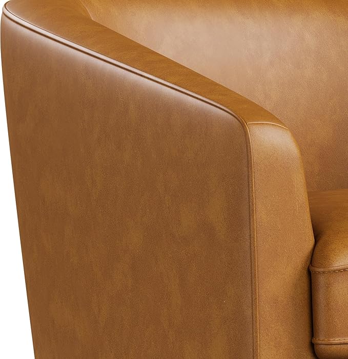 Swivel Barrel Accent Chair Round Faux Leather Living Room Arm Chairs Modern Upholstered Comfty Reading Nook Chairs for Bedroom Small Club Armchair Single Sofa Side Chair Brown