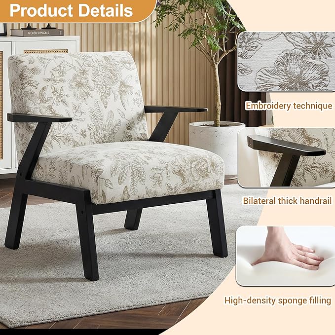 Floral Accent Chair Mid Century Modern Chairs Upholstered Armchair with Solid Rubber Wood Living Chair Ergonomic Chair for Living Room Bedroom Reading Room