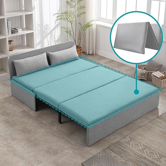 BALUS 61 Queen Sleeper Sofa Bed Pull Out Couch with Pullout Beds 2 in 1 Convertible Linen Loveseat Sofas Sleepers with Pillows Tri-fold Mattress for Small Space Office Apartment Loft Light Grey