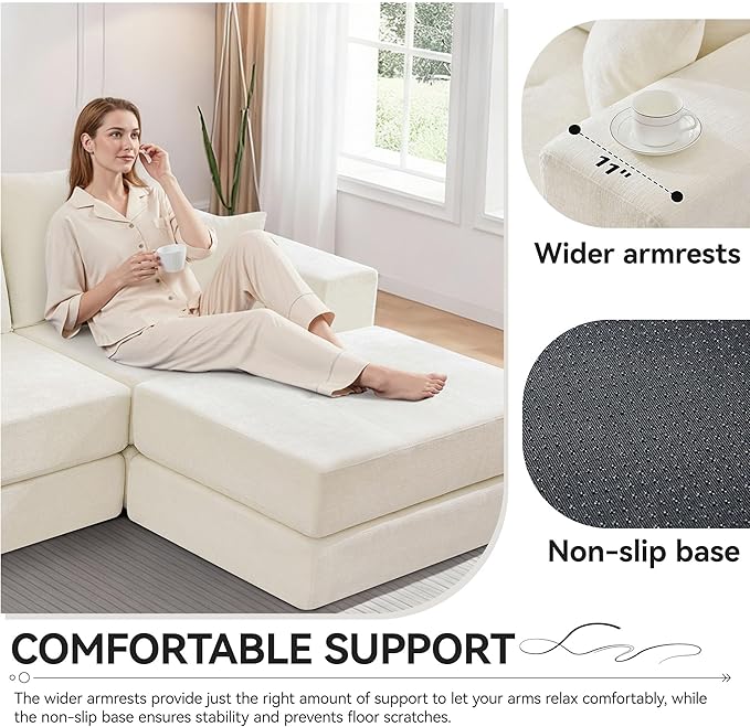 Boneless Sectional Loveseat Couch with Ottoman Convertible Tufted Button Modular Floor Sleeper Sofa Bed Comfy Foldable Compression Love Seat Sofa for Living Room No Assembly Beige