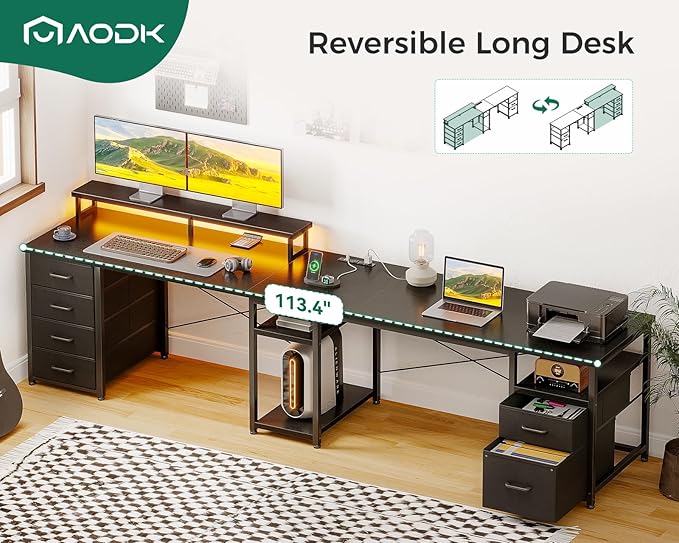 AODK 66 L Shaped Computer Desk 113“ Reversible Home Office Desk with File Cabinet &amp 4 Fabric Drawers Two Person Desk with LED Lights &amp Power Outlet Corner Gaming Desk with Monitor Shelf B