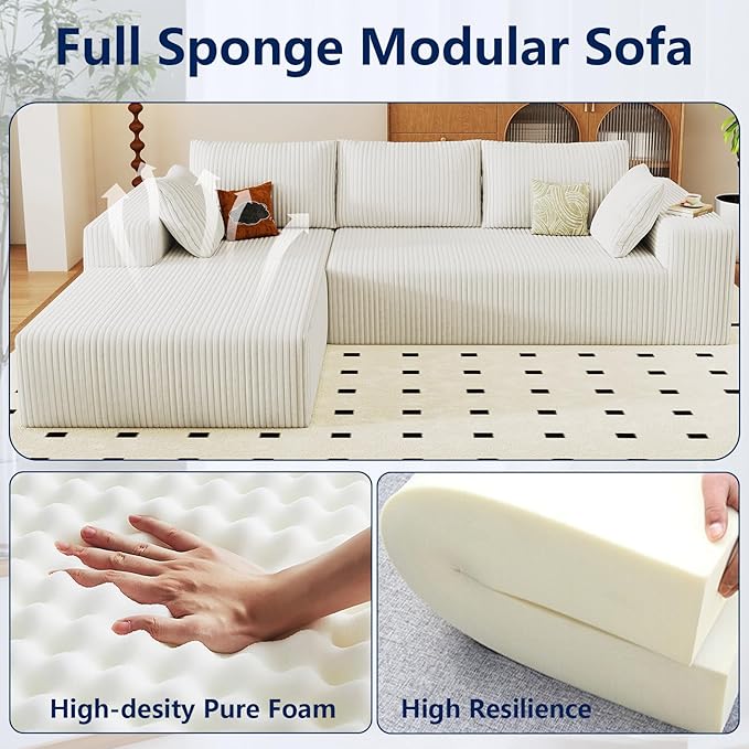 96 Modular Sectional Sofa Modern Corduroy Cloud Couch with Deep Seat Boneless Couch Upholstered 3-Seater L-Shaped Sofa for Living Room No Assembly Required (White Left-Facing Chaise)