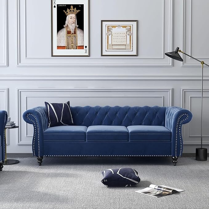 Chesterfield 3 Seater Sofa Modern Velvet Tufted Couch 3 Seater with Rolled Arms and Nailhead Mid-Century Upholstered Couch for Living Room Bedroom Apartment and Office Blue
